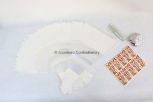50 x White Decorated Cone Bags With Ribbon Ties & Stickers